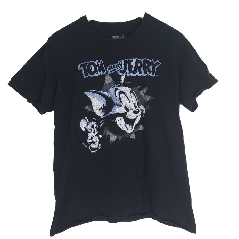 Tom & Jerry‎ Black Graphic T-Shirt Cotton Unisex Size M Classic Cartoon Print